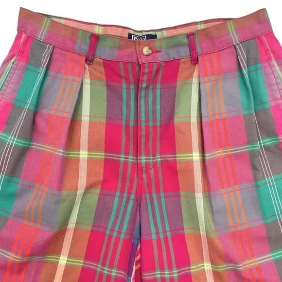 Vintage Polo by Ralph Lauren Mens Madras Plaid Shorts, Pleated, Size 33